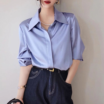 2024新雾霾蓝色衬衫设计感高级缎面上衣小众轻奢衬衣女小个子