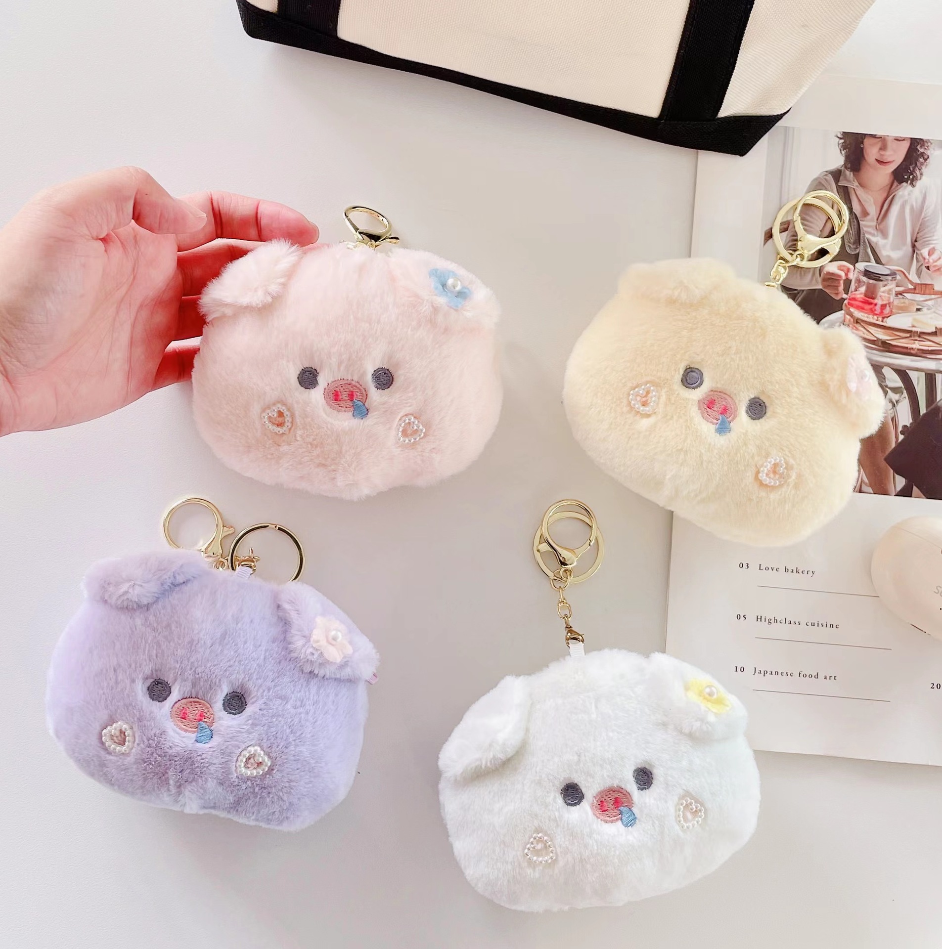 可爱软萌日系儿童毛绒零钱包批发 卡通拉链粉色小猪收纳耳机小包