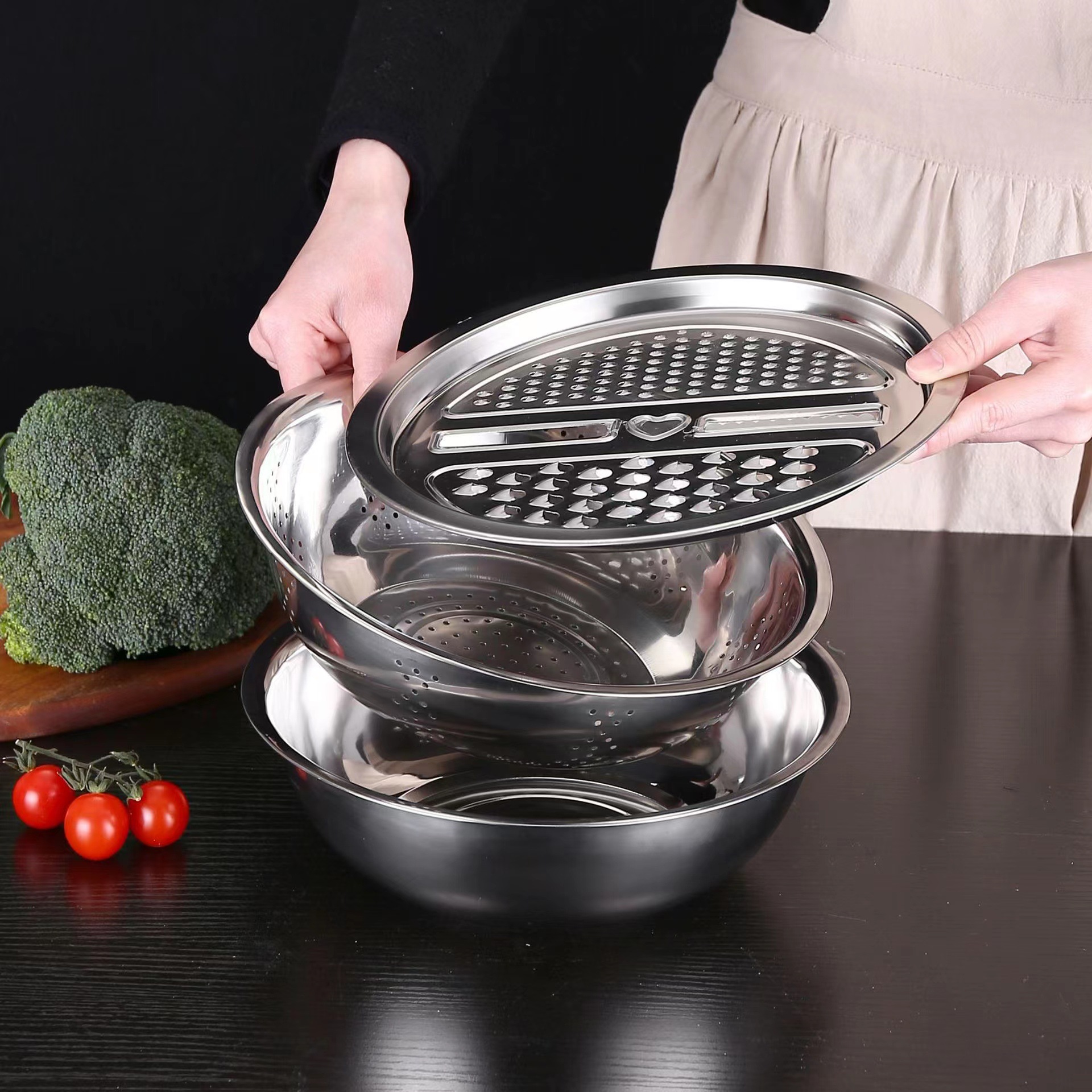 Stainless Steel Slicer Basin Three-Piece Thickened Draining Basin Home Grater Rice Washing Filter Bowl Strainer Chopper 