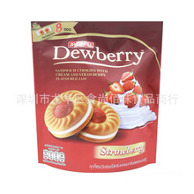 批发泰国进口珍珍水果草莓味奶油夹心饼干小圆饼零食144g24包一箱
