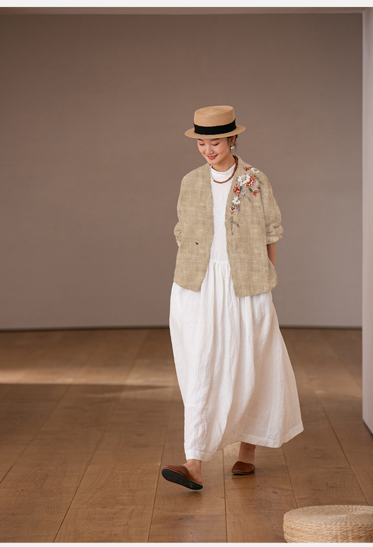 女装亚麻面料复古开衫文艺手工刺绣外套 色织麻防晒衫茶服220351