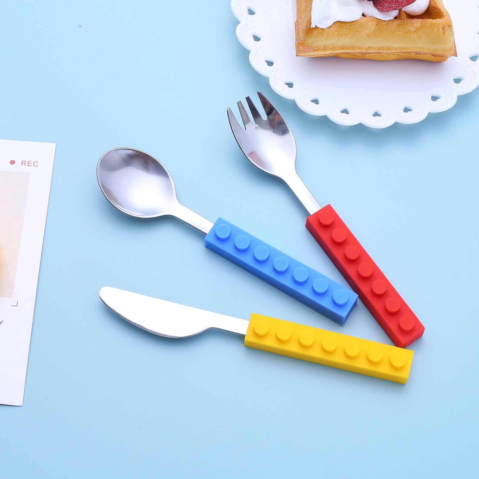 批发不锈钢宝宝辅食餐具创意儿童硅胶勺子婴儿积木刀叉勺三件套