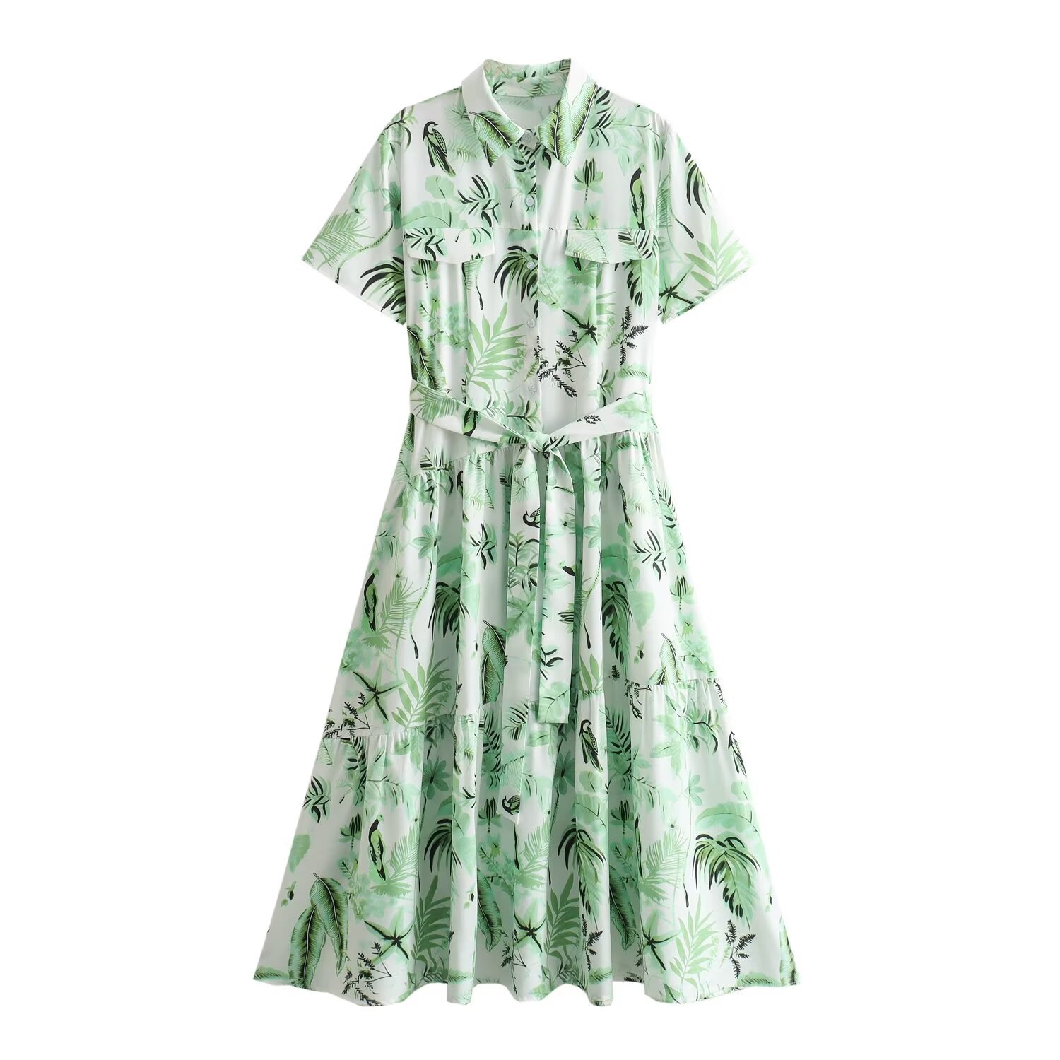 跨境欧美风女装夏季新款树叶印花宽松休闲衬衫式腰带连衣裙y6500