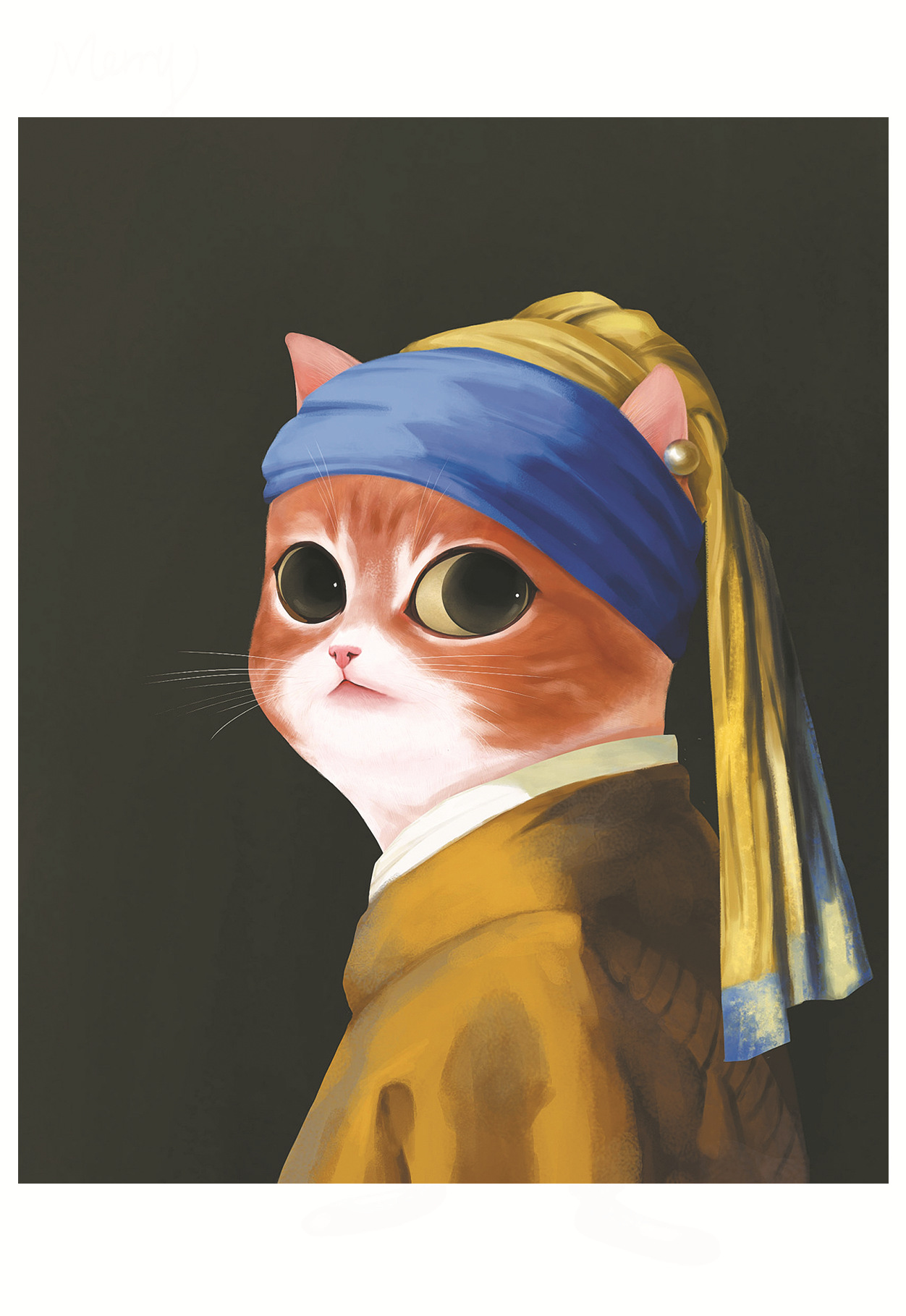 七只猫咪跑得快珍珠耳环蒙娜丽莎世界名画猫手绘明信片贺卡文创