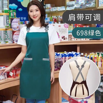 交叉带围裙印绣字超市水果店生鲜店韩版时尚绿色服务员工作服围腰