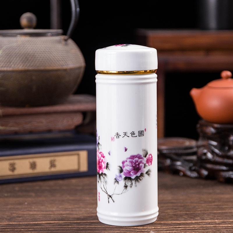 Making Jingdezhen Ceramic Cup Thermos Cup Men and Women Double Wall Water Bottle Tea Cup with Lid Blue and White Porcelain Cup Ceramic Inner Pot