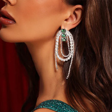 超闪绿宝石流苏耳环 欧美时尚个性多层水钻流苏耳部饰品earrings