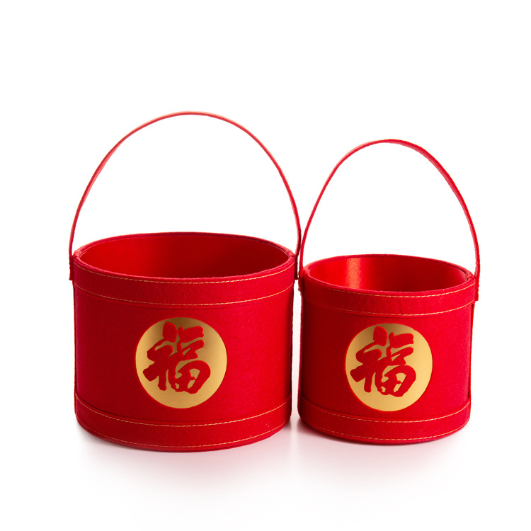 现货大红色福字抱抱桶新年喜庆银柳花束插花桶伴手礼手提圆形福桶