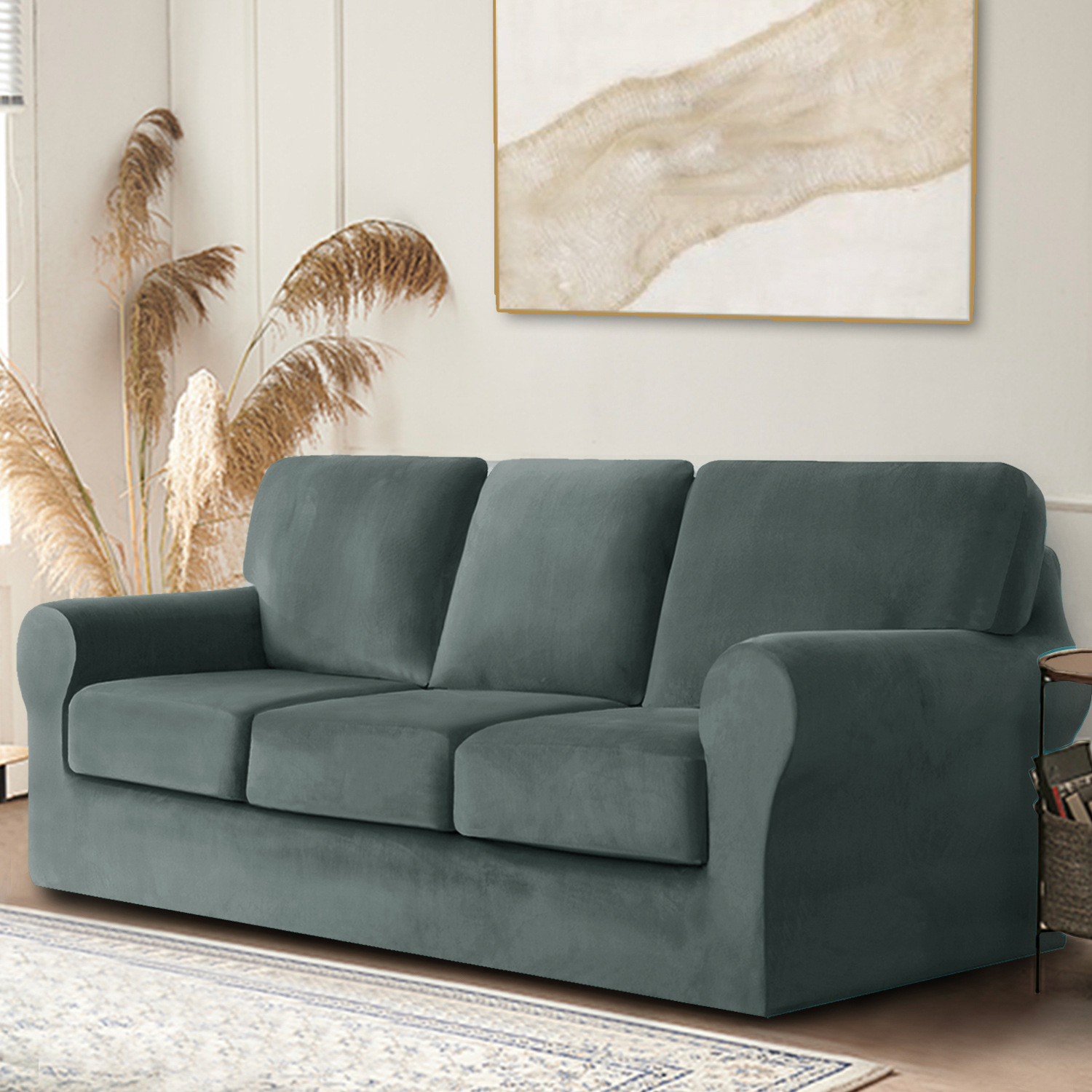 跨境亚马逊银狐绒加厚弹力全包组合沙发套纯色简约通用pc沙发套罩