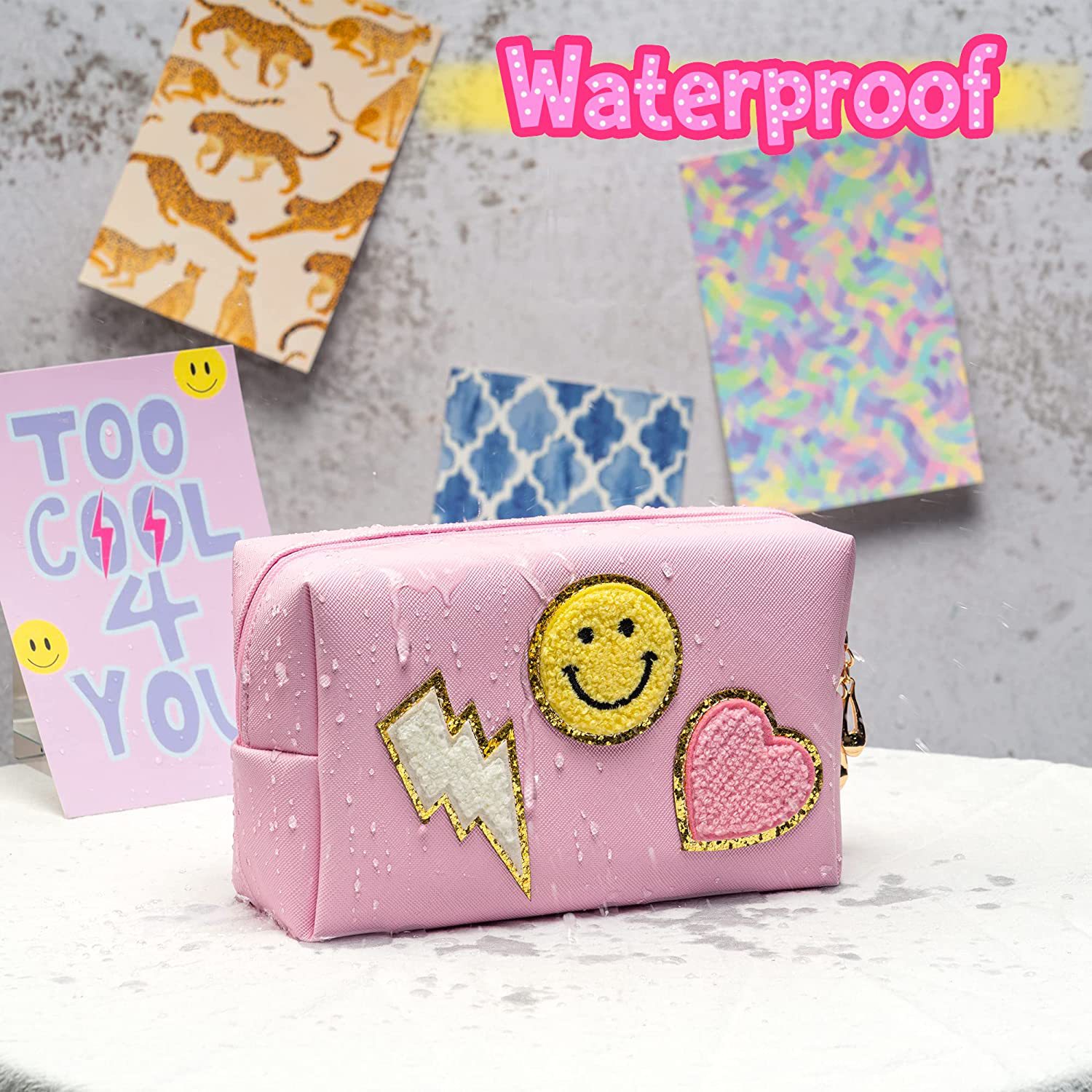 Amazon Smile Embroidery Small Size Girl Cosmetic Bag Pu Hand Holding Square Waterproof Cute Travel Toiletry Bag