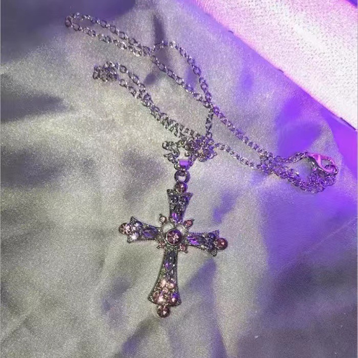 New Gothic Pink Zircon Cross Necklace Europe and America Cross Border Nightclub Hot Girl Stylish Pendant