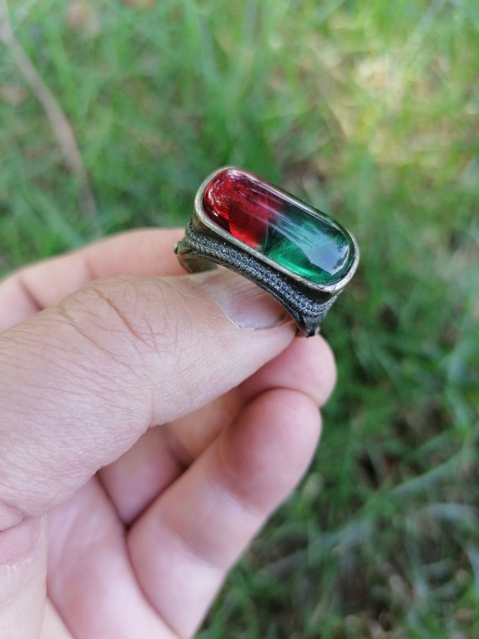 古玩收藏藏区回流老银镶嵌碧玺戒指指环老包浆戒指指环