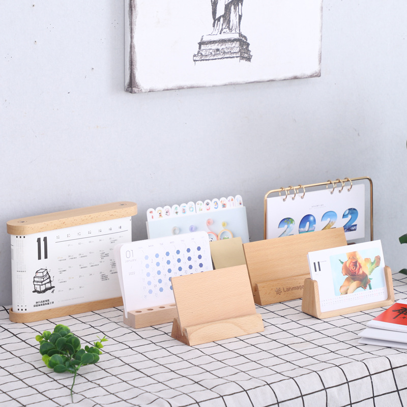 2022木架台历 榉木油漆日历底座 胡桃木桌面便签名片底座台历架