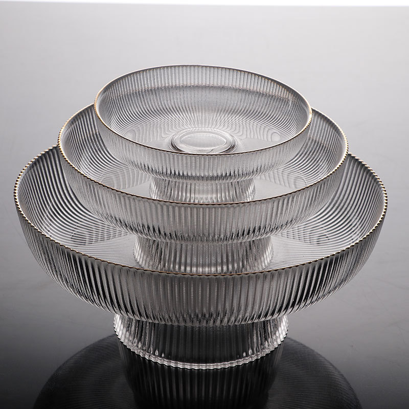 vertical pattern high-leg glass fruit plate large household snack cake tray high-end swing plate three-piece glass tableware