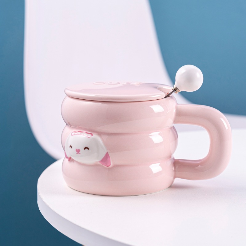 Good-looking Cute Pet Circle Cup Cartoon Milk Cup Household Ceramic Water Cup Coffee Cup Wholesale with Cover Spoon