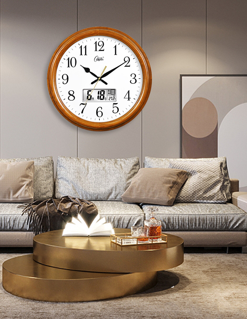 康巴丝客厅挂钟实木家用时尚大气挂表静音创意新中式时钟电波钟表