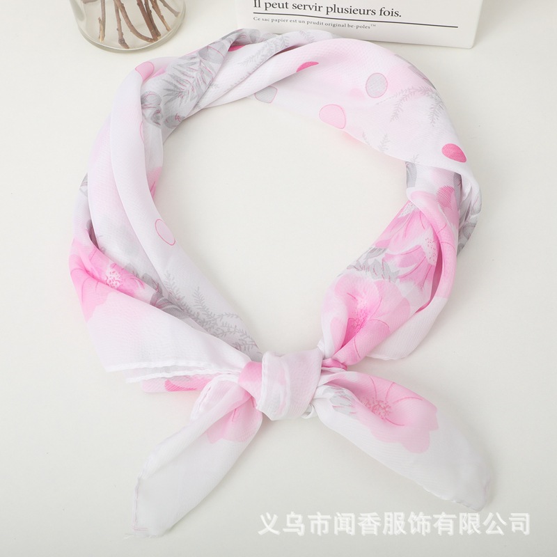 2022 Spring and Summer New Arrival 65cm Artificial Silk Printed Small Square Scarf Women's Neck Protection Sun Protection Scarf Chiffon Scarf