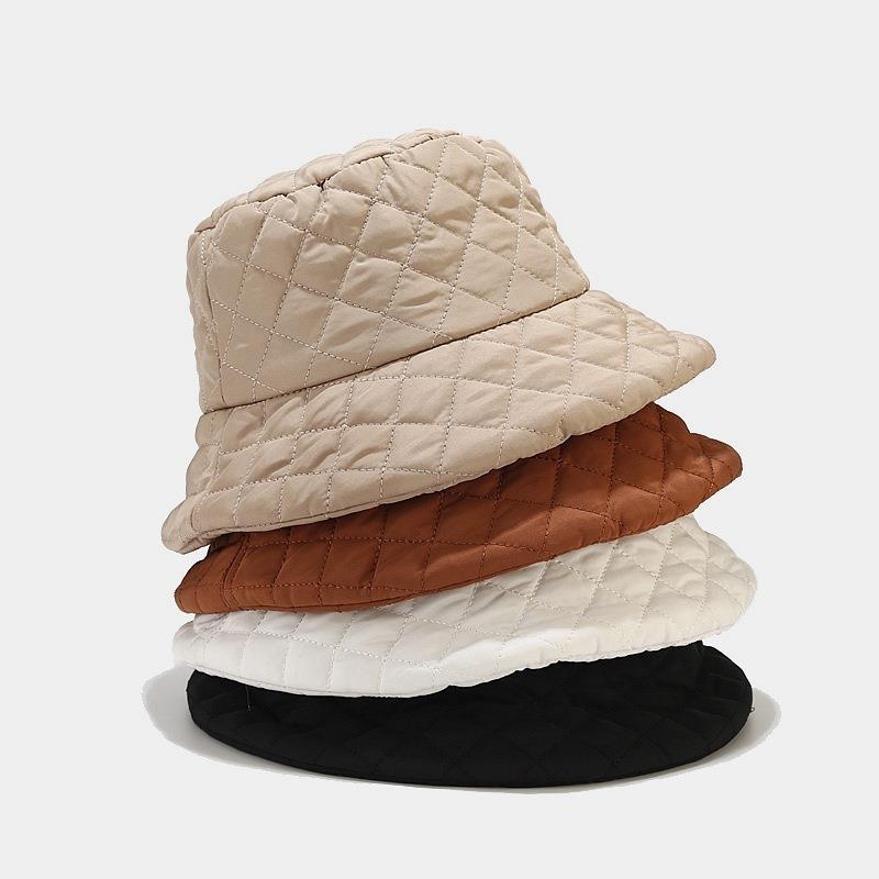 Fall Bucket Hat Women Korean Style Solid Color down Quilted to Keep Warm Hat Fashion Simple Plaid Light Soft Bucket Hat