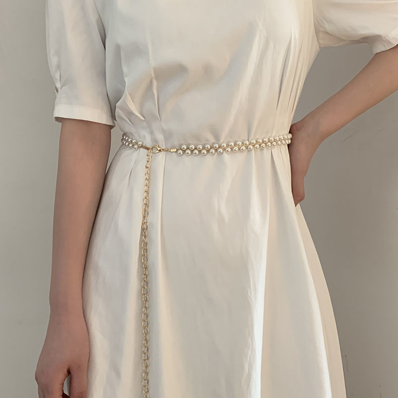 珍珠腰带女士装饰细简约百搭配连衣裙裙子收腰时尚小皮带裙带