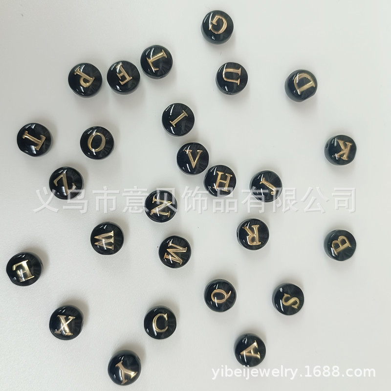 Black Glass Bead 8mm through Hole Double-Sided Letter Bronzing Printed Necklace Bracelet DIY Ornament Luggage Shoes Hat Accessories