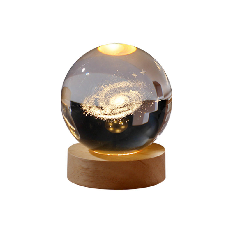 Wooden Luminous Base 3d Inner Carved Crystal Ball Small Night Lamp Galaxy Solar System Creative Desktop Decoration Student Gift