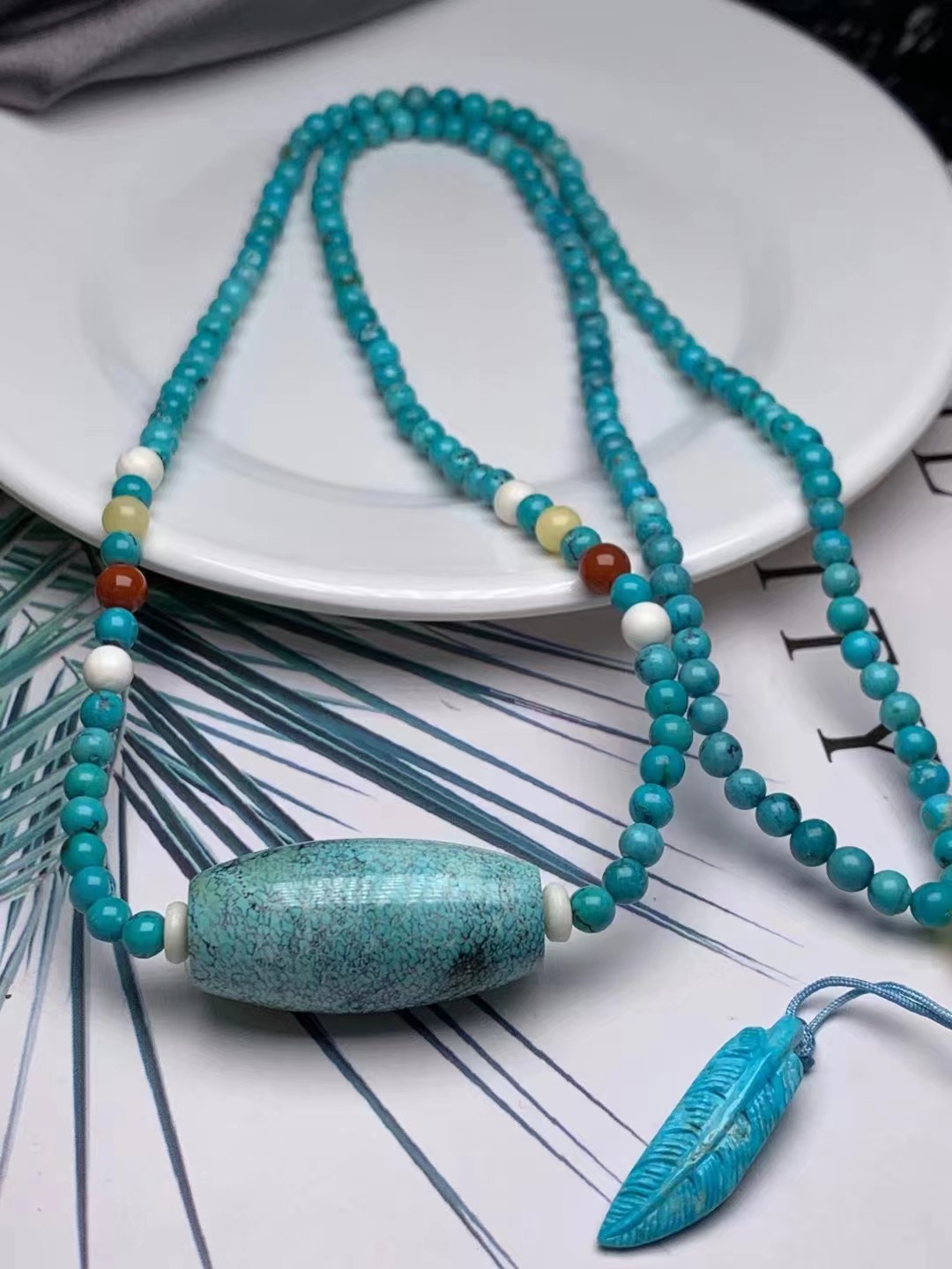 天然湖北原矿绿松石套装毛衣链项链高瓷搭配象牙南红颜色如图配饰