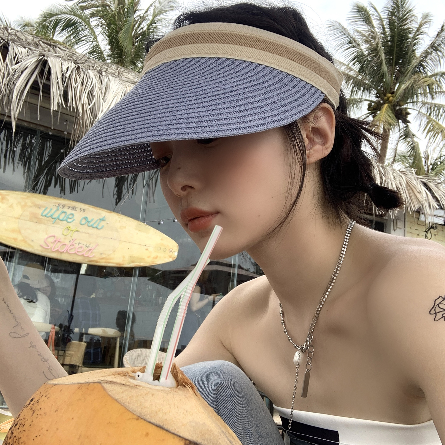 网红空顶帽女夏天出游遮阳草帽海边网红防晒帽子遮脸沙滩帽显脸小