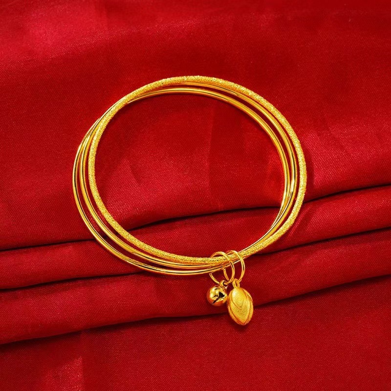 沙金三生三世沙金手镯三环莲藕莲花铃铛黄金色仿真金镯子素圈手环