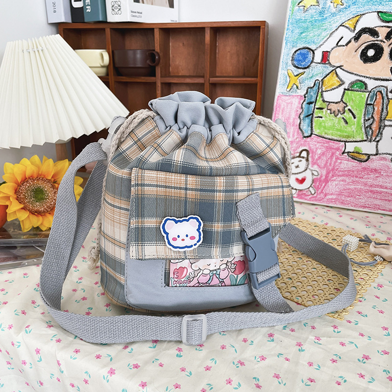 Korean Style Preppy Style Simple Cute Cartoon Young Girl Student Transparent Stitching Plaid Drawstring Bucket Small Bag Female