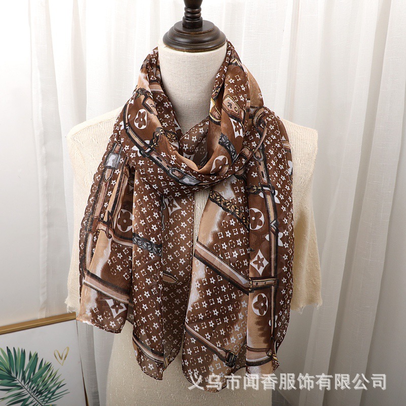 Autumn and Winter Letter Scarf Women's Fashion Fashion Presbyopic Chain Chiffon Scarf Ol Commuter Professional Neck Scarf Gauze Kerchief