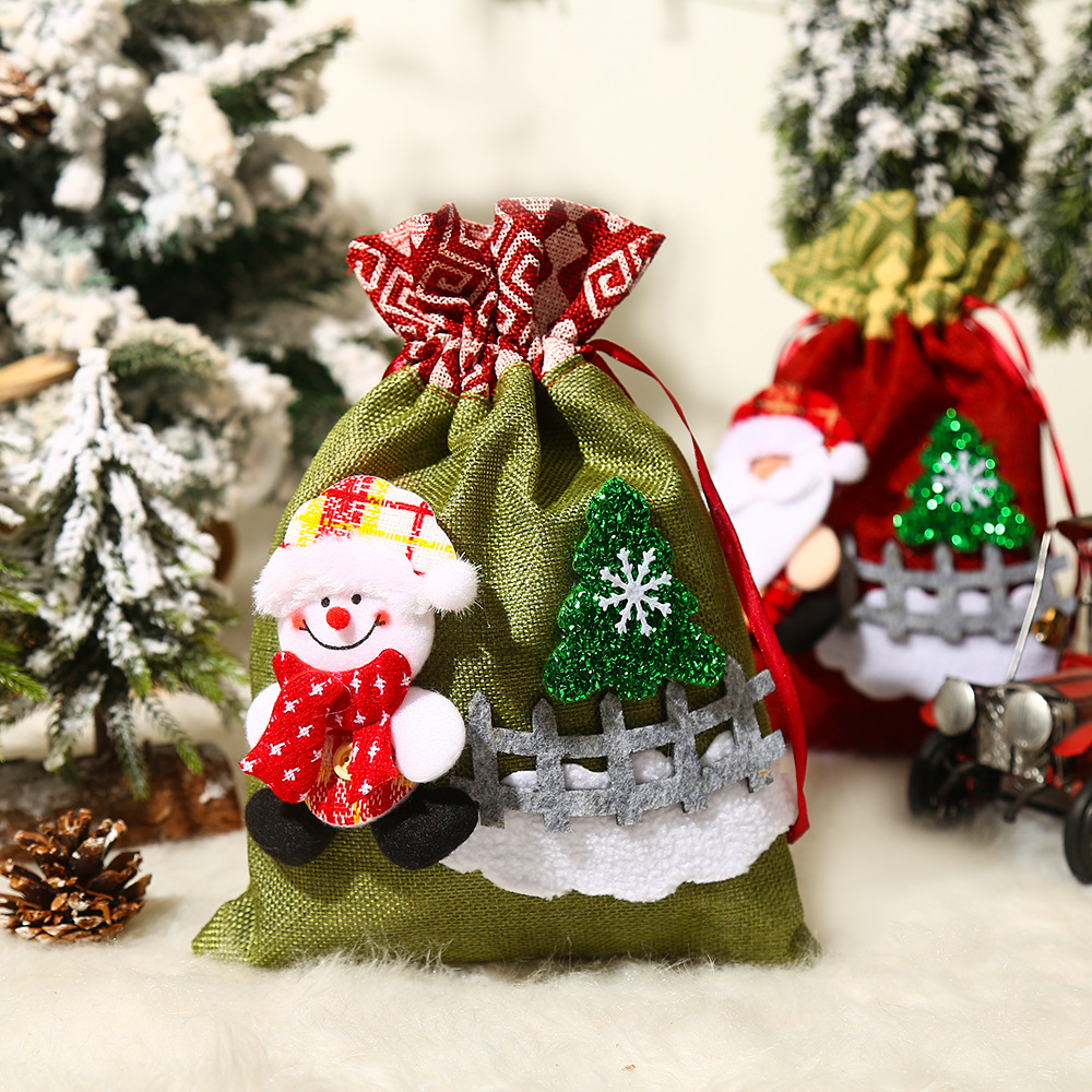 Christmas Decoration Cute Elderly Snowman Fence Handbag Candy Gift Drawstring Bag Children's Holiday Gift Bag