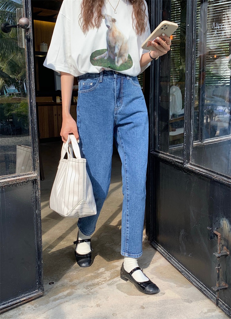 oneday2022年春季新款高腰烟筒裤韩版牛仔九分裤女宽松直筒小个子