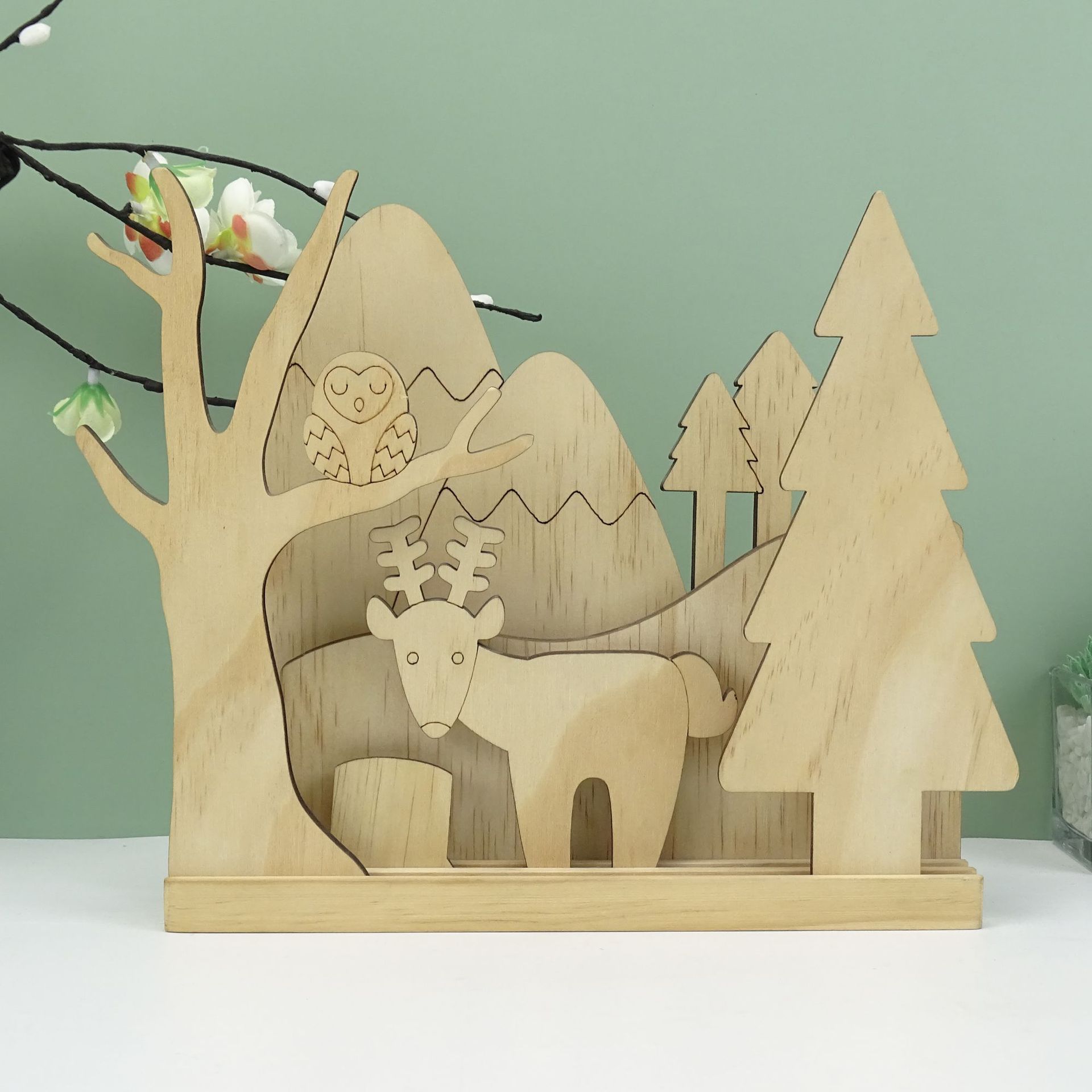 创意木制森林小鹿桌面摆件木质自由插片创意场景布置儿童拼图
