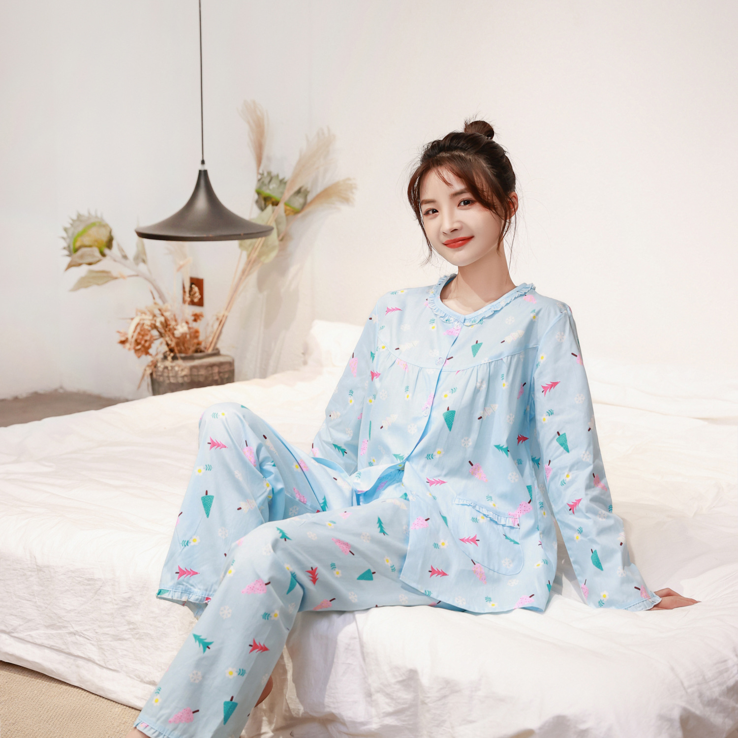 女士纯棉春夏季花边圆领薄款长袖长裤睡衣 女式全棉家居服