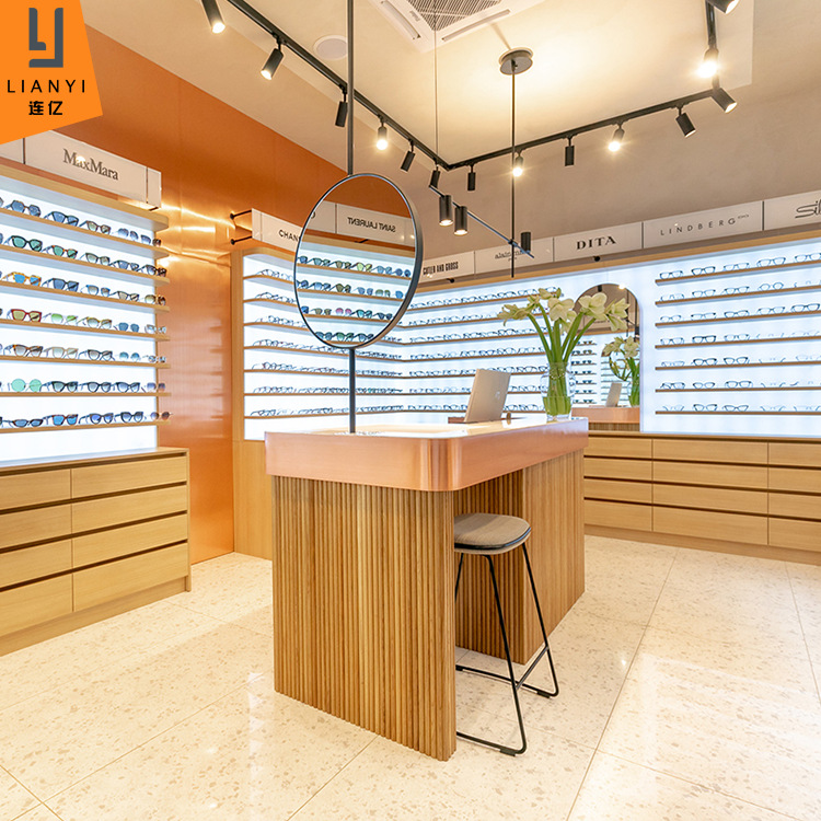 时尚品牌眼镜集合店展示柜带灯靠墙眼镜展柜木质层板眼镜展示架台