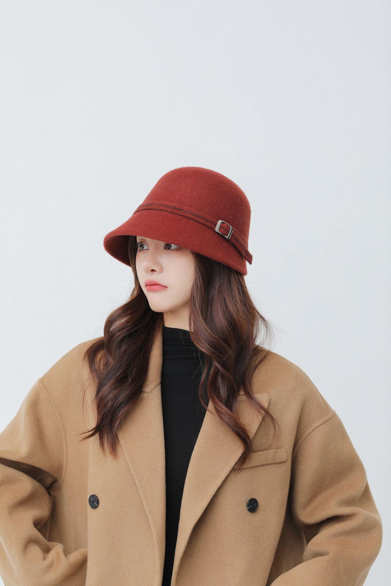 纯色羊毛蝴蝶结遮阳帽新款秋冬韩版显脸小毛绒水桶帽保暖女士帽子