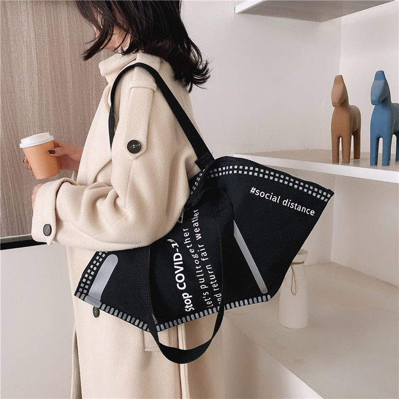 Internet Celebrity Mask Bag Female 2021 Spring and Autumn New Creative Large Capacity Tote Shoulder Bag Printing Hand Holding Casual Bag