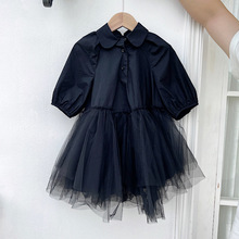 女童23夏季短袖连衣裙黑色网纱拼接设计感连衣裙简约高品质衬衫裙