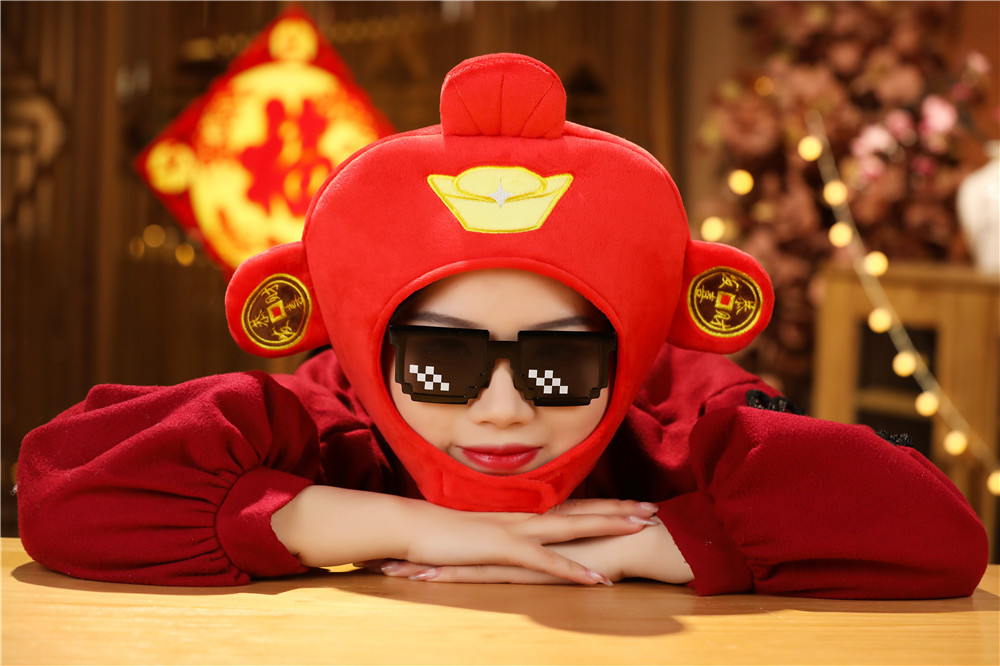 新年吉祥物财神爷头套帽子 恭喜发财毛绒头套 拍照道具 卡通头套