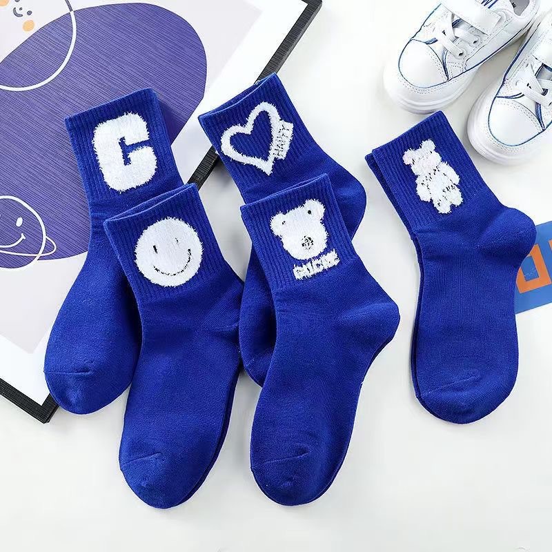 克莱因蓝袜子儿童中长筒棉袜大c笑脸蓝色大童潮袜小熊字母学生袜