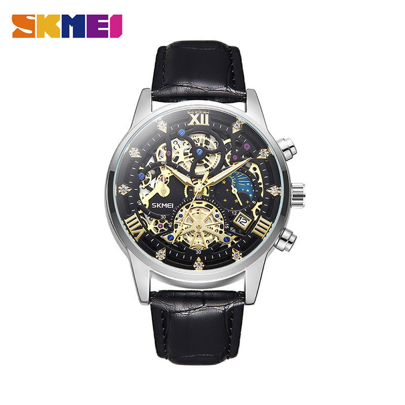 Skmei Skmei Business Men's Watch 7039 Mechanical Hollowing Carved Quartz Watch Genuine Leather Steel Strap Watch