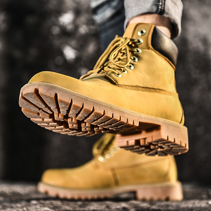 工装靴男高帮韩版欧美中帮马丁靴复古潮流百搭踢不烂大黄靴男