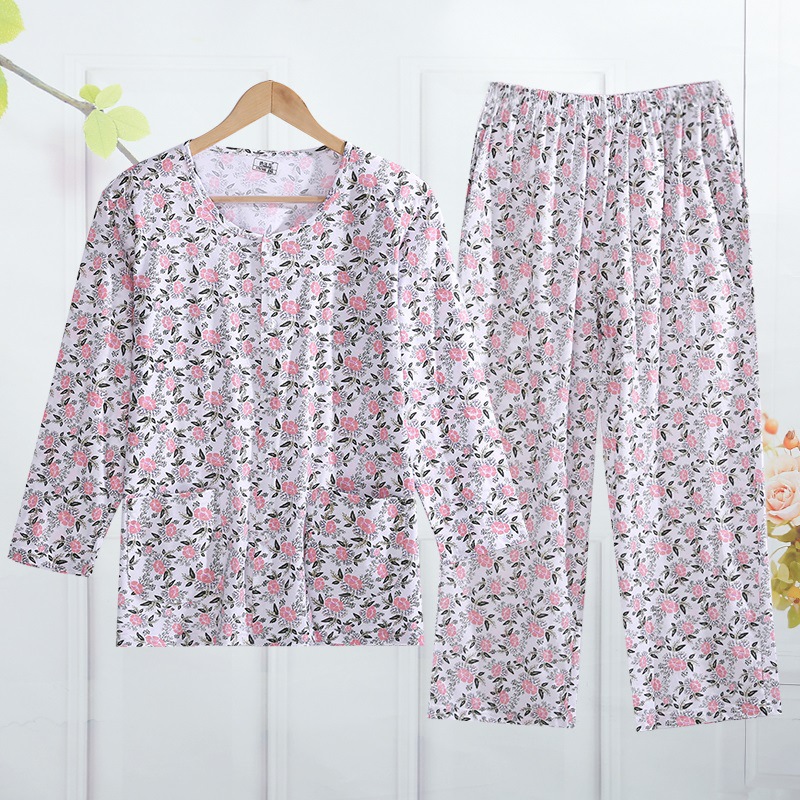春秋妈妈长袖尺码睡衣中年女士全棉质开衫中老年宽松家居服套装夏