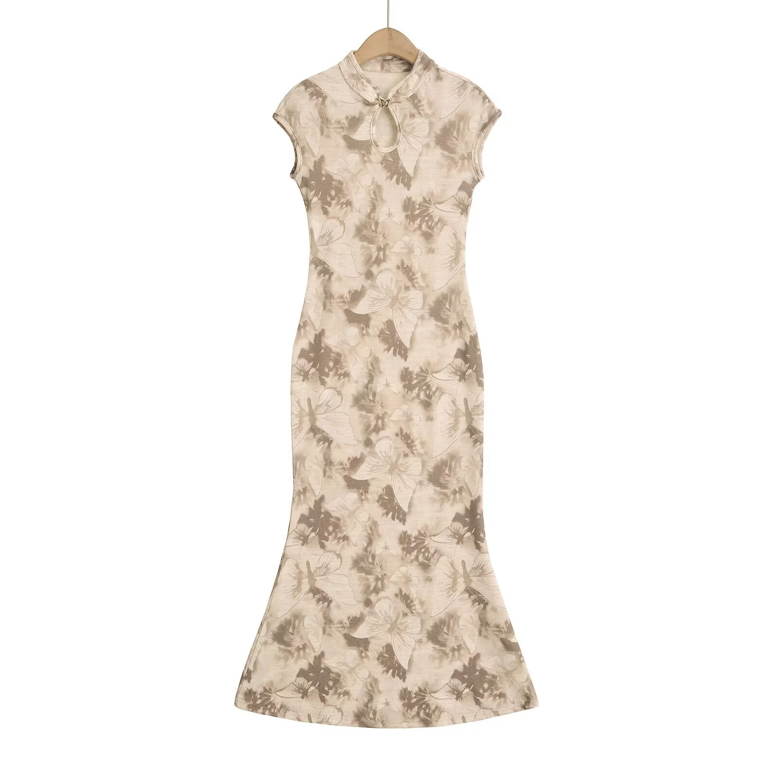 蝴蝶印花立领气质长裙夏季新中式国风旗袍改良鱼尾裙女收腰连衣裙