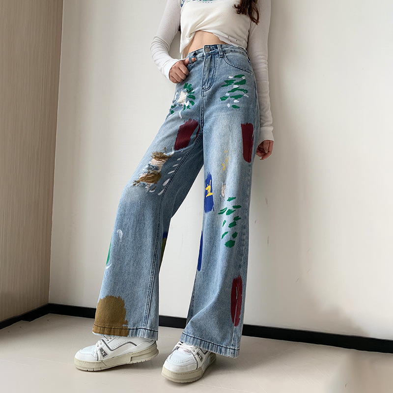 2023 Autumn Color Blooming Graffiti Spray Paint Ripped Jeans Women's High Waist Slimming and Straight Wide Leg Mop Pants