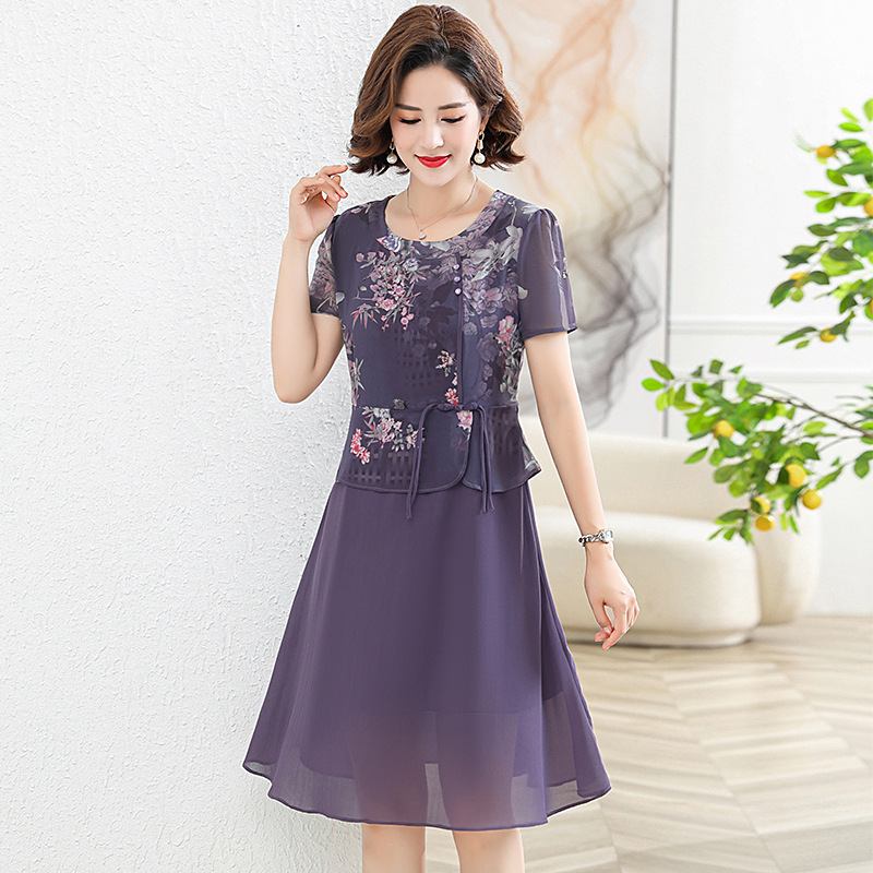 中年妈妈夏装新款连衣裙中老年女装夏季气质高贵阔太太假两件裙子