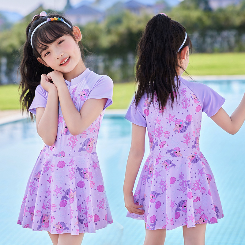 New Marine Coral Cartoon Printing Children's Swimsuit Cute Princess Swimming Dress Fresh Girl's Swimsuit Wholesale