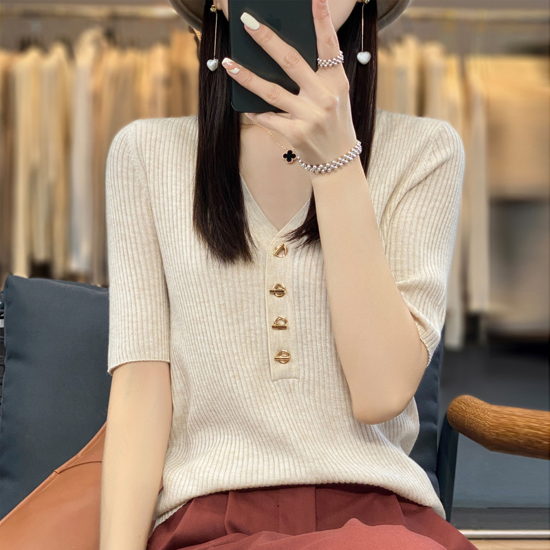v领打底女士短袖t恤上衣2024夏季新款显瘦中袖薄款针织衫冰丝女装