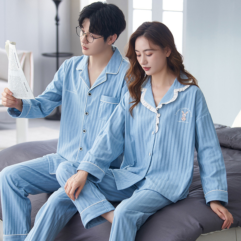 Spring and Autumn Couple Pajamas Women's Autumn Cotton Men's Homewear Long Sleeve Trousers Suit Cardigan Front Buckle Lapel Casual Home