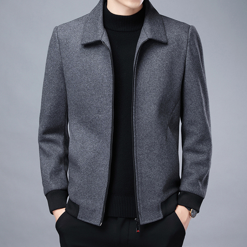 羊毛翻领开衫外套毛呢上衣中年男夹克衫纯色秋冬季男装拉链新夹克